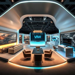 A high-tech exhibition booth designed to showcase Indian military weapons, featuring a modern aesthetic that incorporates sleek lines and sophisticated materials