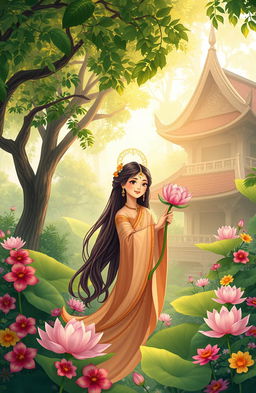 A beautifully illustrated scene inspired by the local wisdom story of Dewi Kilisuci, a mythical goddess revered in Indonesian culture