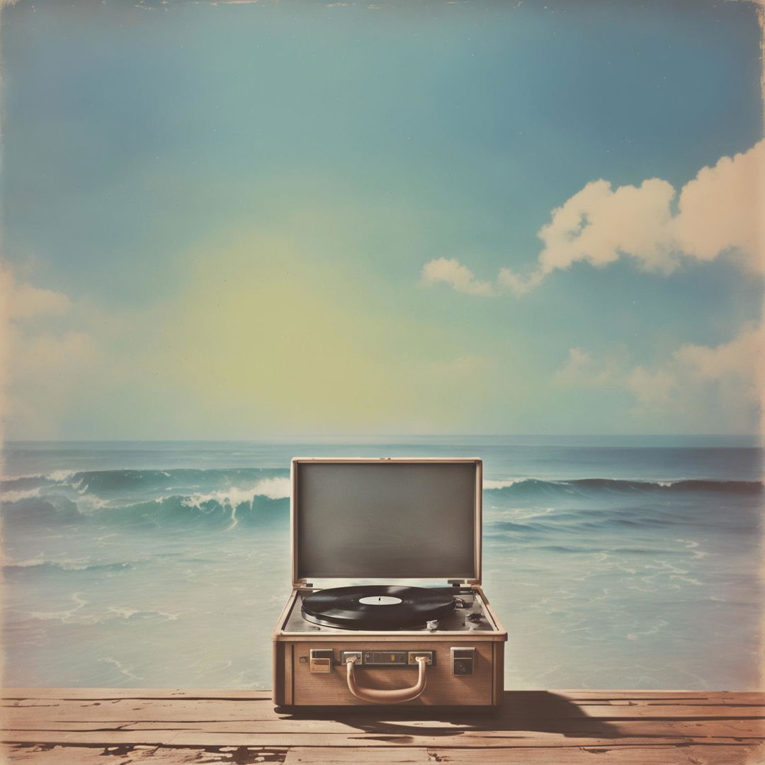 Vintage 60s lo-fi album cover featuring a serene ocean view and an old record player on a worn-out table. The image has a scratched texture for an aged look.