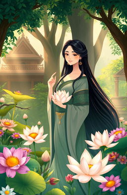 A beautifully illustrated scene inspired by the local wisdom story of Dewi Kilisuci, a mythical goddess revered in Indonesian culture