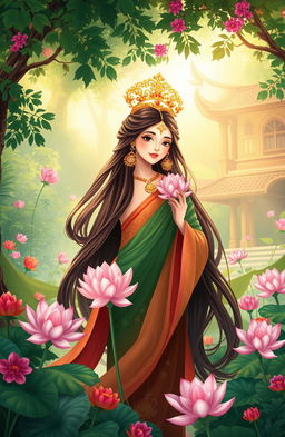 A beautifully illustrated scene inspired by the local wisdom story of Dewi Kilisuci, a mythical goddess revered in Indonesian culture