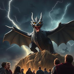 A striking scene showcasing a massive black dragon monster with gleaming scales and fierce, glowing eyes, standing menacingly on a rocky cliff