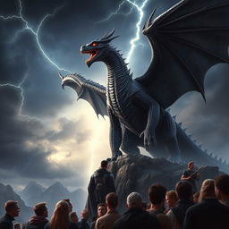A striking scene showcasing a massive black dragon monster with gleaming scales and fierce, glowing eyes, standing menacingly on a rocky cliff