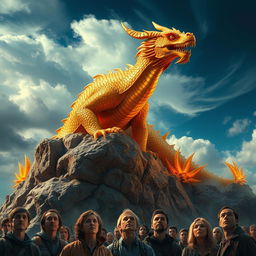 A captivating scene featuring a majestic yet fearsome golden dragon monster perched atop a rocky outcrop, its shimmering scales reflecting the light in shades of gold and orange