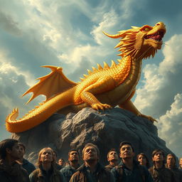A captivating scene featuring a majestic yet fearsome golden dragon monster perched atop a rocky outcrop, its shimmering scales reflecting the light in shades of gold and orange