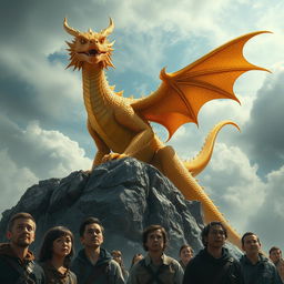 A captivating scene featuring a majestic yet fearsome golden dragon monster perched atop a rocky outcrop, its shimmering scales reflecting the light in shades of gold and orange