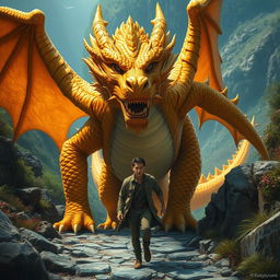 An enthralling scene featuring a majestic yet intimidating golden dragon monster, its scales glistening in brilliant shades of gold as it leads a civilian along a rocky pathway