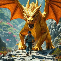 An enthralling scene featuring a majestic yet intimidating golden dragon monster, its scales glistening in brilliant shades of gold as it leads a civilian along a rocky pathway