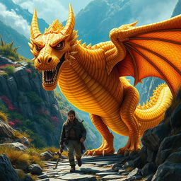 An enthralling scene featuring a majestic yet intimidating golden dragon monster, its scales glistening in brilliant shades of gold as it leads a civilian along a rocky pathway