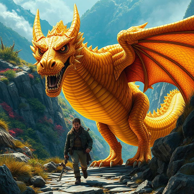 An enthralling scene featuring a majestic yet intimidating golden dragon monster, its scales glistening in brilliant shades of gold as it leads a civilian along a rocky pathway