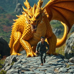 An enthralling scene featuring a majestic yet intimidating golden dragon monster, its scales glistening in brilliant shades of gold as it leads a civilian along a rocky pathway