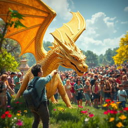 An enchanting scene depicting a magnificent golden dragon, its shimmering scales radiant under the sunlight, being discovered by a civilian in a lush, vibrant landscape