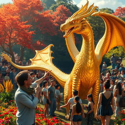 An enchanting scene depicting a magnificent golden dragon, its shimmering scales radiant under the sunlight, being discovered by a civilian in a lush, vibrant landscape