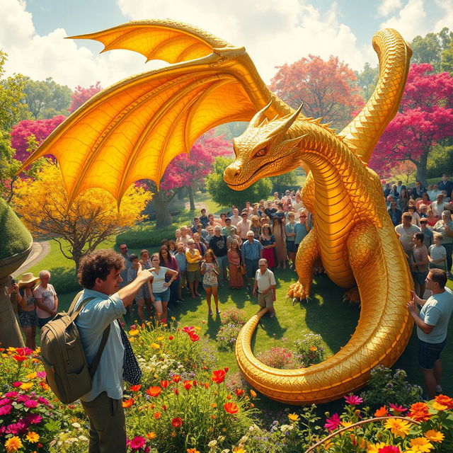 An enchanting scene depicting a magnificent golden dragon, its shimmering scales radiant under the sunlight, being discovered by a civilian in a lush, vibrant landscape