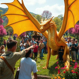 An enchanting scene depicting a magnificent golden dragon, its shimmering scales radiant under the sunlight, being discovered by a civilian in a lush, vibrant landscape