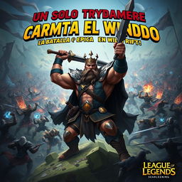 An epic illustration of Tryndamere, the Barbarian King from League of Legends, standing triumphantly amidst a battlefield filled with chaos and combatants from the game