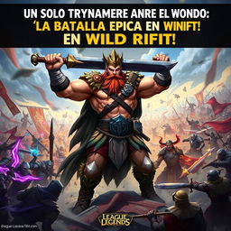 An epic illustration of Tryndamere, the Barbarian King from League of Legends, standing triumphantly amidst a battlefield filled with chaos and combatants from the game
