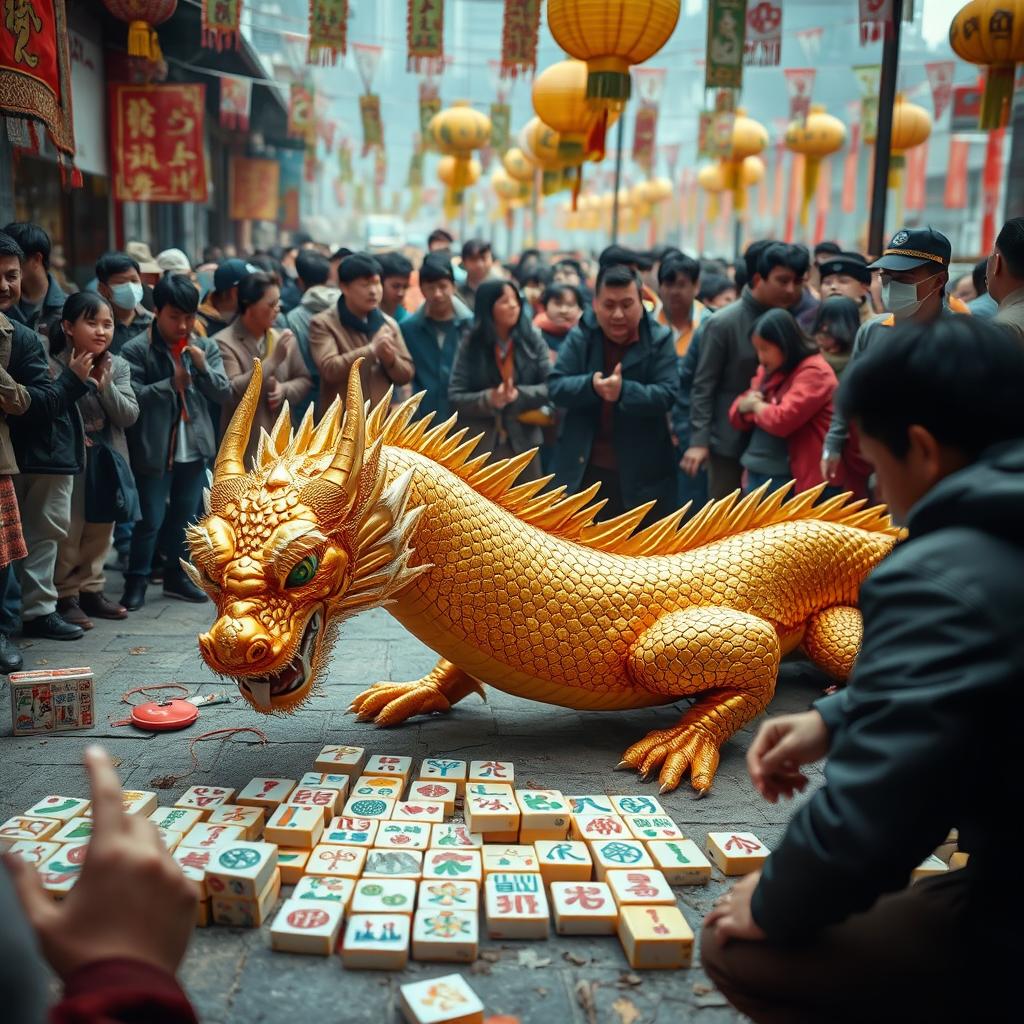 An intriguing scene featuring a magnificent golden dragon being discovered by a civilian, who is curiously placing a set of vibrant, intricately designed mahjong tiles on the ground before the dragon