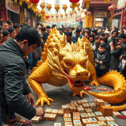 An intriguing scene featuring a magnificent golden dragon being discovered by a civilian, who is curiously placing a set of vibrant, intricately designed mahjong tiles on the ground before the dragon