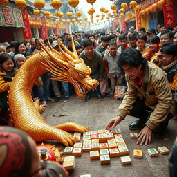 An intriguing scene featuring a magnificent golden dragon being discovered by a civilian, who is curiously placing a set of vibrant, intricately designed mahjong tiles on the ground before the dragon