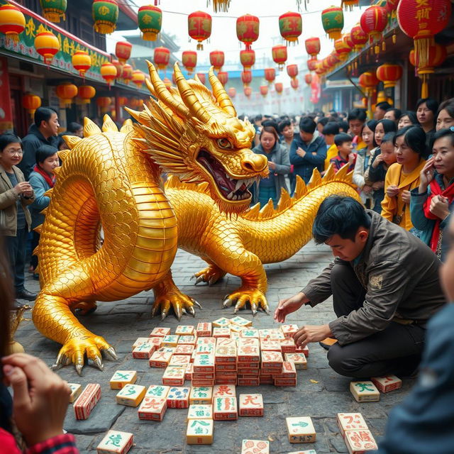 An intriguing scene featuring a magnificent golden dragon being discovered by a civilian, who is curiously placing a set of vibrant, intricately designed mahjong tiles on the ground before the dragon