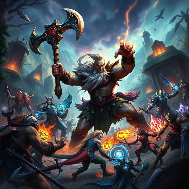 An intense, action-packed scene depicting a fierce battle in Wild Rift featuring Tryndamere, the Barbarian King, fighting valiantly against a horde of various enemies in a vibrant fantasy landscape