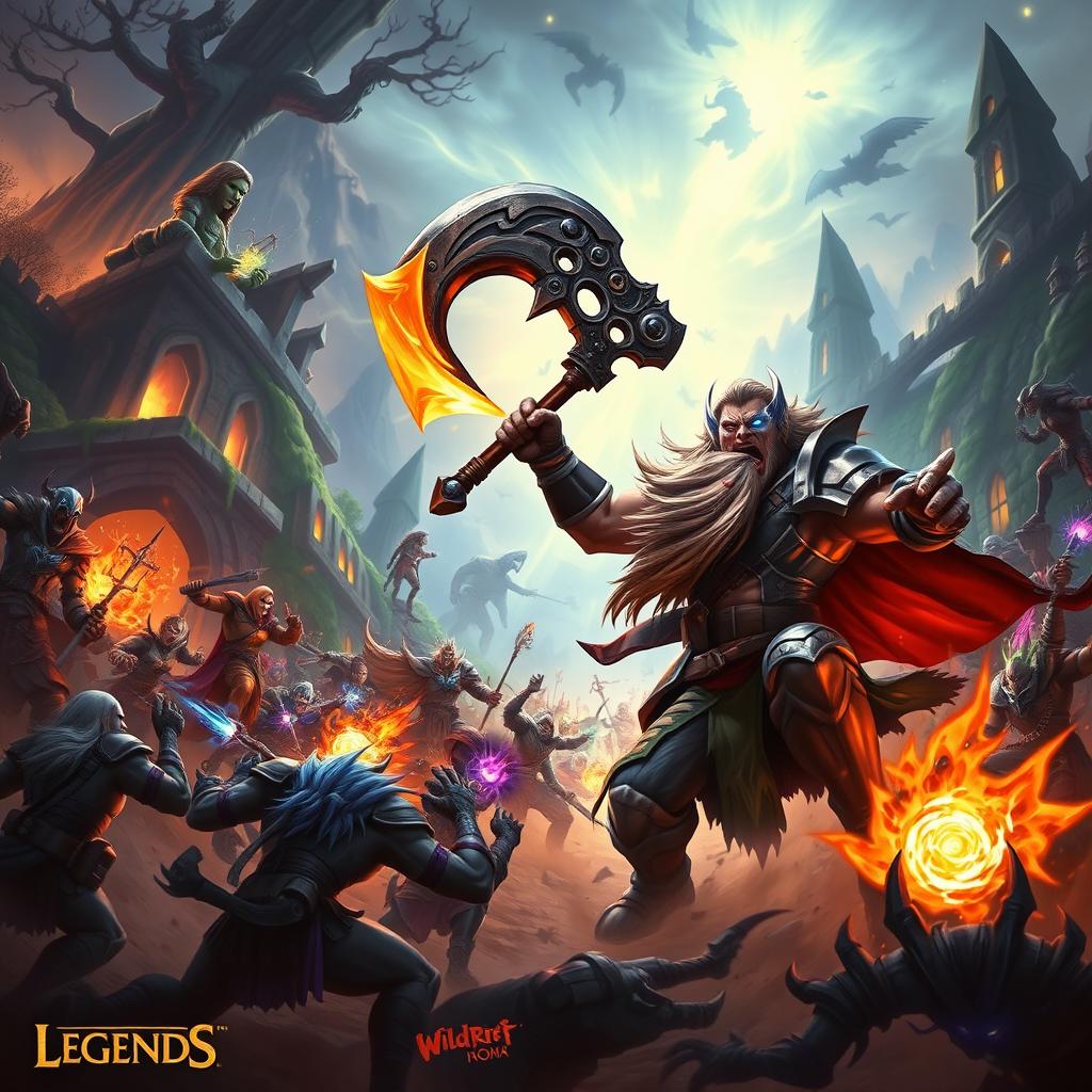 An intense, action-packed scene depicting a fierce battle in Wild Rift featuring Tryndamere, the Barbarian King, fighting valiantly against a horde of various enemies in a vibrant fantasy landscape