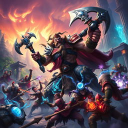 An intense, action-packed scene depicting a fierce battle in Wild Rift featuring Tryndamere, the Barbarian King, fighting valiantly against a horde of various enemies in a vibrant fantasy landscape