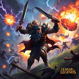An epic scene showcasing a lone Tryndamere from League of Legends, fiercely battling against a horde of enemies in the vibrant environment of Wild Rift