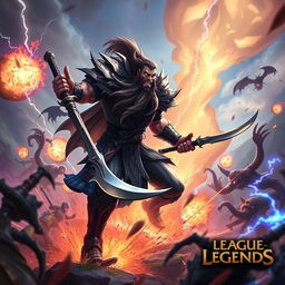 An epic scene showcasing a lone Tryndamere from League of Legends, fiercely battling against a horde of enemies in the vibrant environment of Wild Rift