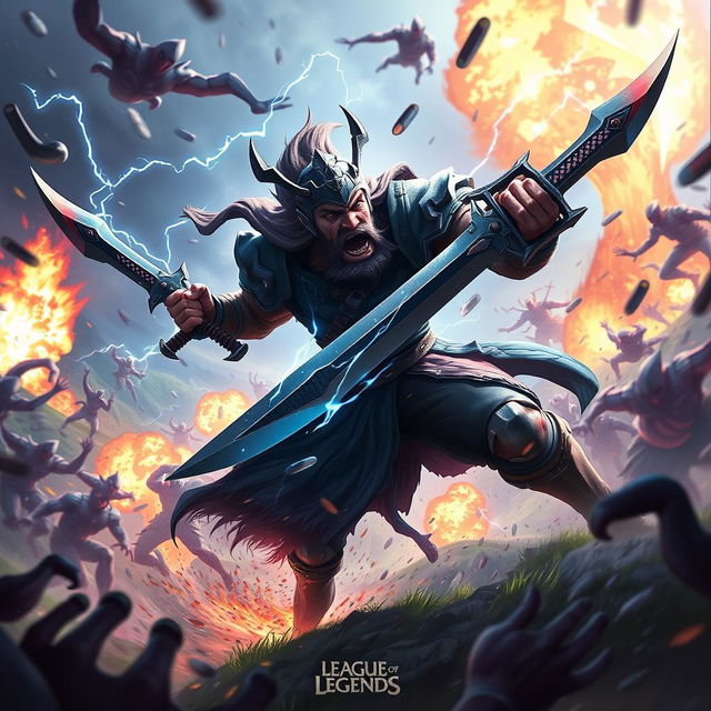 An epic scene showcasing a lone Tryndamere from League of Legends, fiercely battling against a horde of enemies in the vibrant environment of Wild Rift