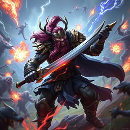 An epic scene showcasing a lone Tryndamere from League of Legends, fiercely battling against a horde of enemies in the vibrant environment of Wild Rift
