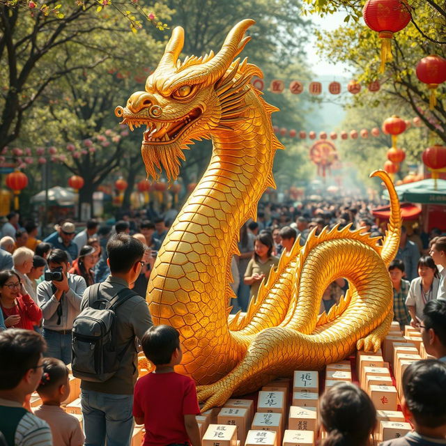 A realistic depiction of a golden dragon, intricately detailed with lifelike scales and textures, discovered by a civilian who joyfully displays it to the public