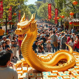 A realistic depiction of a golden dragon, intricately detailed with lifelike scales and textures, discovered by a civilian who joyfully displays it to the public