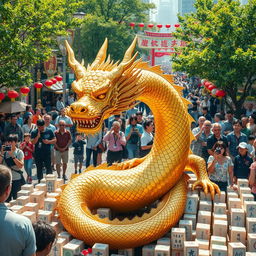 A realistic depiction of a golden dragon, intricately detailed with lifelike scales and textures, discovered by a civilian who joyfully displays it to the public