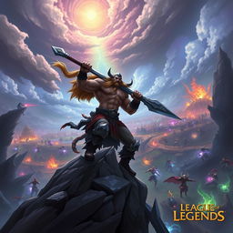 An epic fantasy battle scene featuring Tryndamere, a muscular warrior with long flowing hair, wielding a large, powerful sword