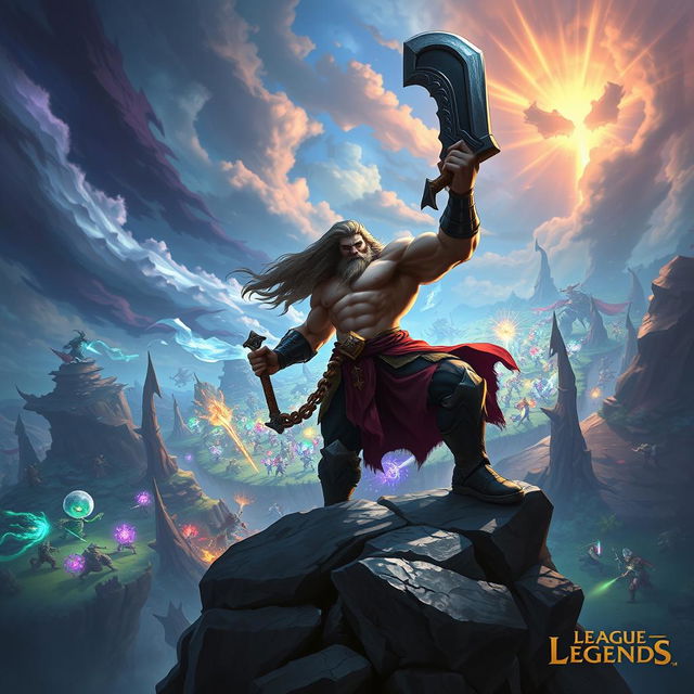 An epic fantasy battle scene featuring Tryndamere, a muscular warrior with long flowing hair, wielding a large, powerful sword