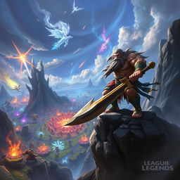 An epic fantasy battle scene featuring Tryndamere, a muscular warrior with long flowing hair, wielding a large, powerful sword