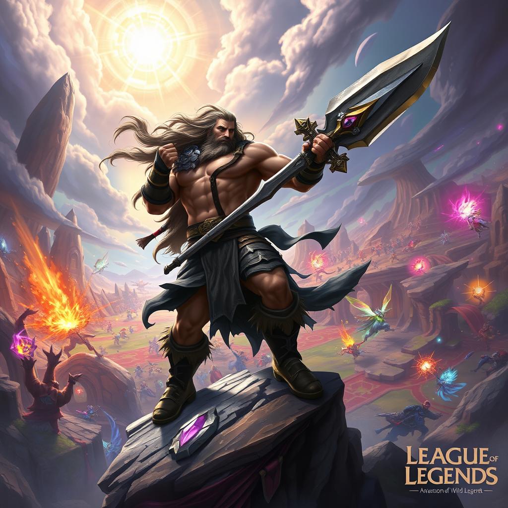 An epic fantasy battle scene featuring Tryndamere, a muscular warrior with long flowing hair, wielding a large, powerful sword