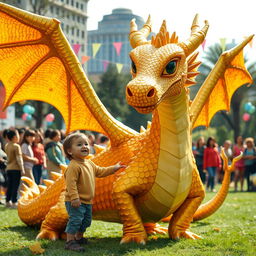 A captivating scene featuring a child who has discovered a majestic golden dragon, depicted as a fantastical dragon monster with vibrant golden scales that glimmer in the sunlight