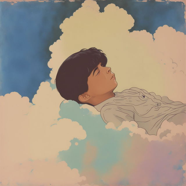 Vintage 60s lo-fi album cover featuring an anime boy dreaming amidst a cloud-filled dreamscape with a scratched texture overlay.