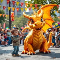 A captivating scene featuring a child who has discovered a majestic golden dragon, depicted as a fantastical dragon monster with vibrant golden scales that glimmer in the sunlight