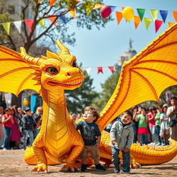 A captivating scene featuring a child who has discovered a majestic golden dragon, depicted as a fantastical dragon monster with vibrant golden scales that glimmer in the sunlight