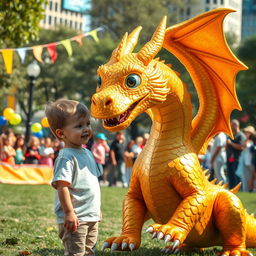 A captivating scene featuring a child who has discovered a majestic golden dragon, depicted as a fantastical dragon monster with vibrant golden scales that glimmer in the sunlight