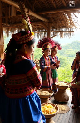 A vibrant and detailed depiction of Sasak tradition and rituals in Central Lombok, showcasing traditional ceremonies with participants wearing colorful Sasak clothing, adorned with intricate patterns