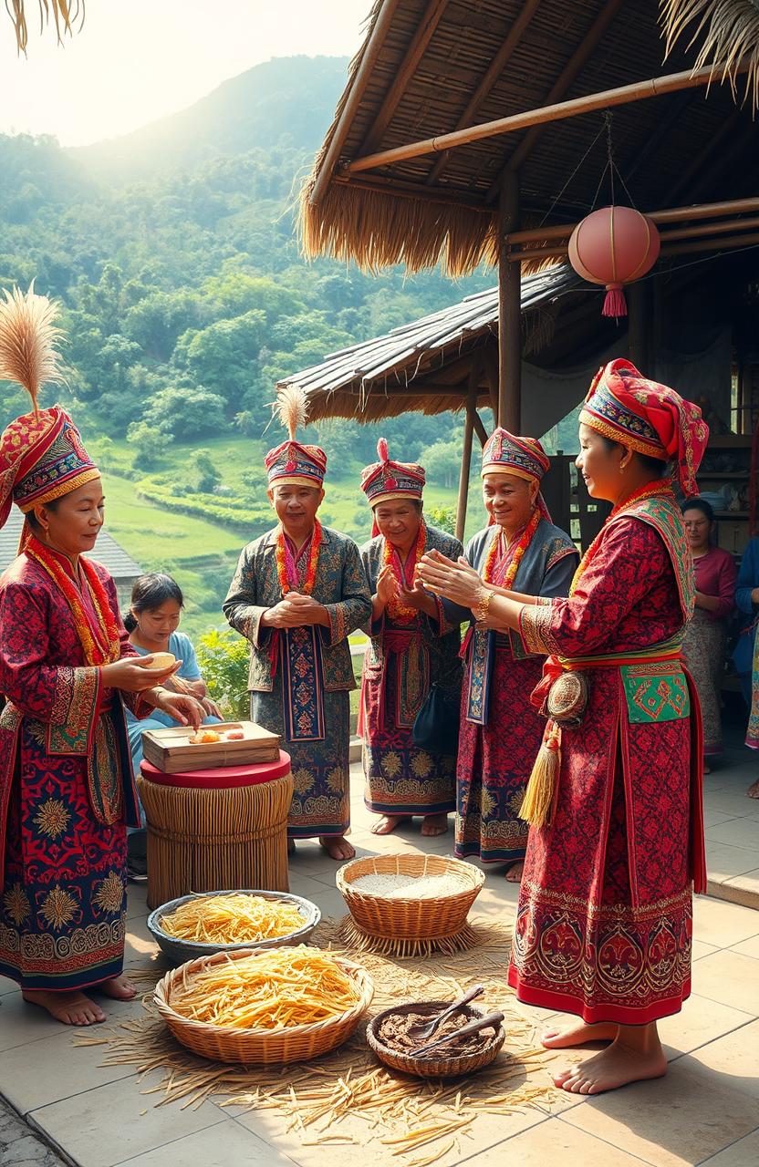 A vibrant and detailed depiction of Sasak tradition and rituals in Central Lombok, showcasing traditional ceremonies with participants wearing colorful Sasak clothing, adorned with intricate patterns