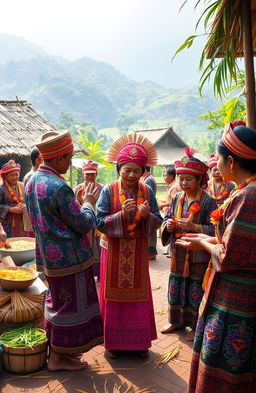 A vibrant and detailed depiction of Sasak tradition and rituals in Central Lombok, showcasing traditional ceremonies with participants wearing colorful Sasak clothing, adorned with intricate patterns
