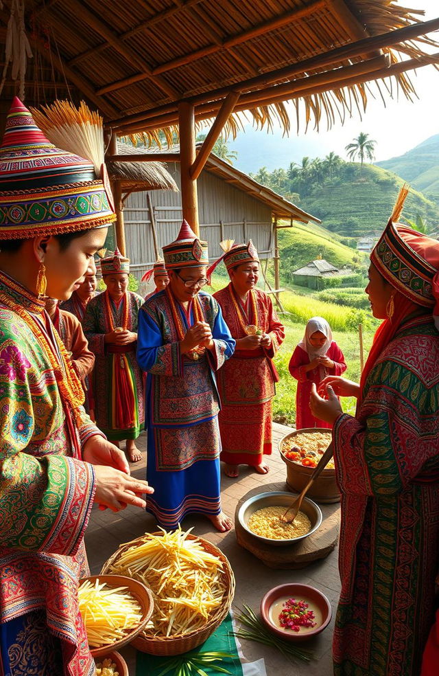 A vibrant and detailed depiction of Sasak tradition and rituals in Central Lombok, showcasing traditional ceremonies with participants wearing colorful Sasak clothing, adorned with intricate patterns