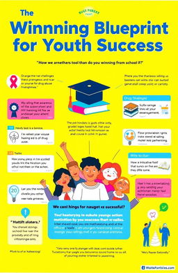 A bright and engaging educational poster titled 'The Winning Blueprint for Youth Success' featuring a vibrant yellow background