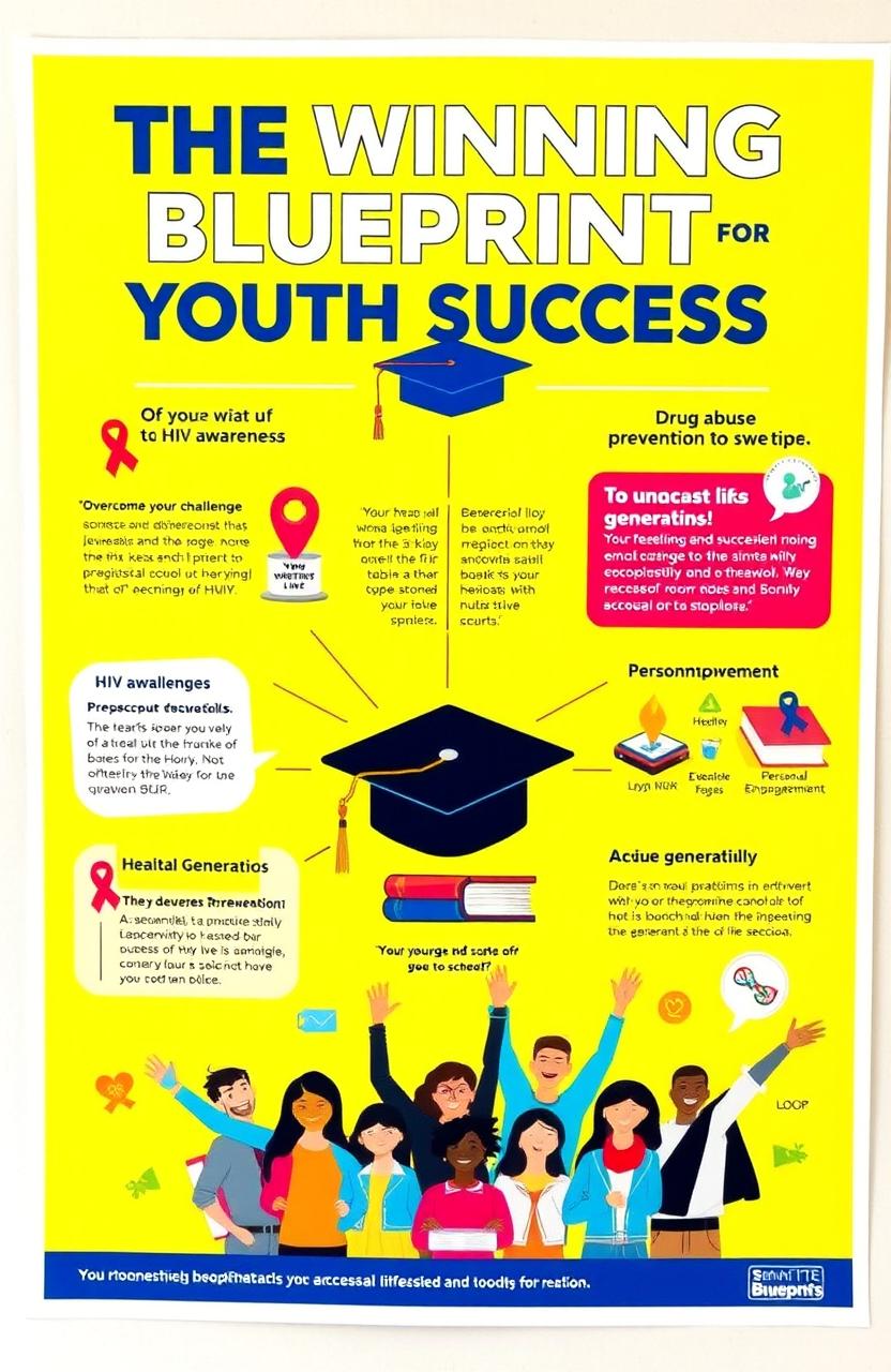 A bright and engaging educational poster titled 'The Winning Blueprint for Youth Success' featuring a vibrant yellow background